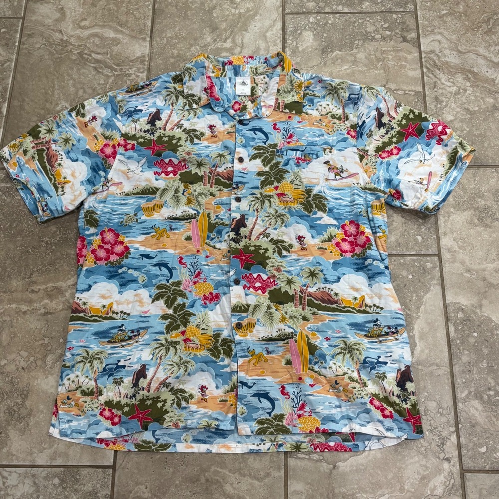 Disney‎ Store Mickey Mouse Friends Hawaiian Tropical Camp Shirt Blue Mens 2XL